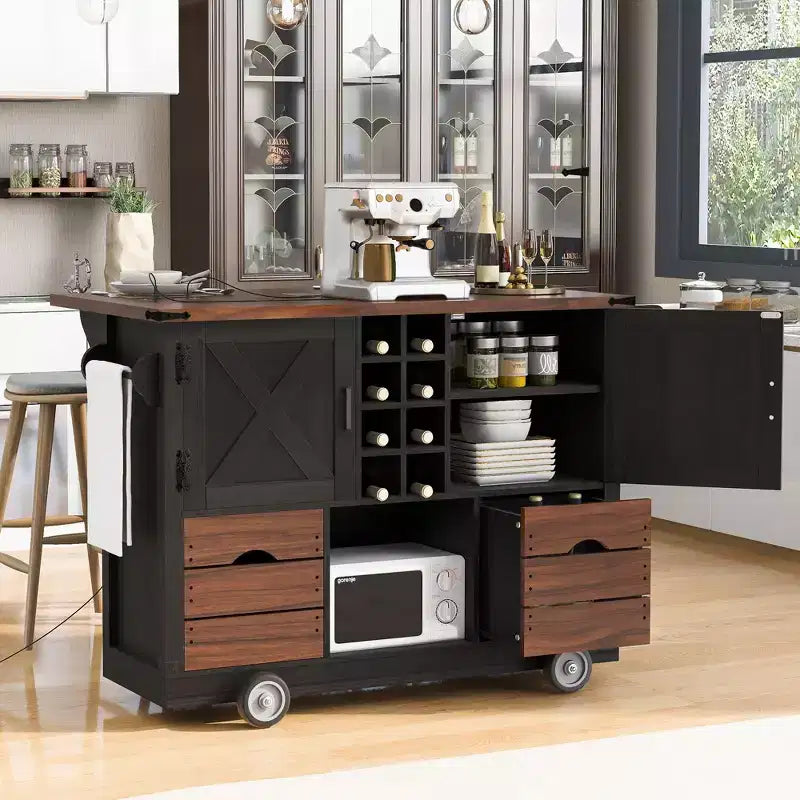 Isola da cucina con anta a ribalta e presa di corrente, armadio contenitore con 2 ante, 2 cassetti e organizer da piano di lavoro