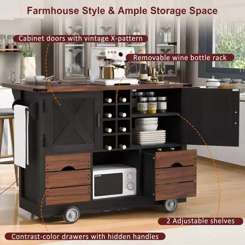 Isola da cucina con anta a ribalta e presa di corrente, armadio contenitore con 2 ante, 2 cassetti e organizer da piano di lavoro