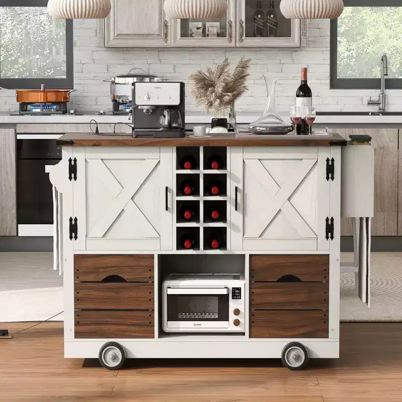 Isola da cucina con anta a ribalta e presa di corrente, armadio contenitore con 2 ante, 2 cassetti e organizer da piano di lavoro