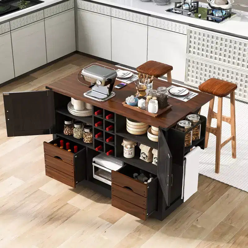 Isola da cucina con anta a ribalta e presa di corrente, armadio contenitore con 2 ante, 2 cassetti e organizer da piano di lavoro