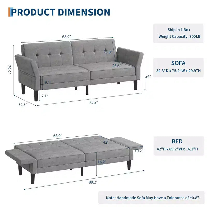 Divano letto futon a 3 posti con schienale e braccioli regolabili