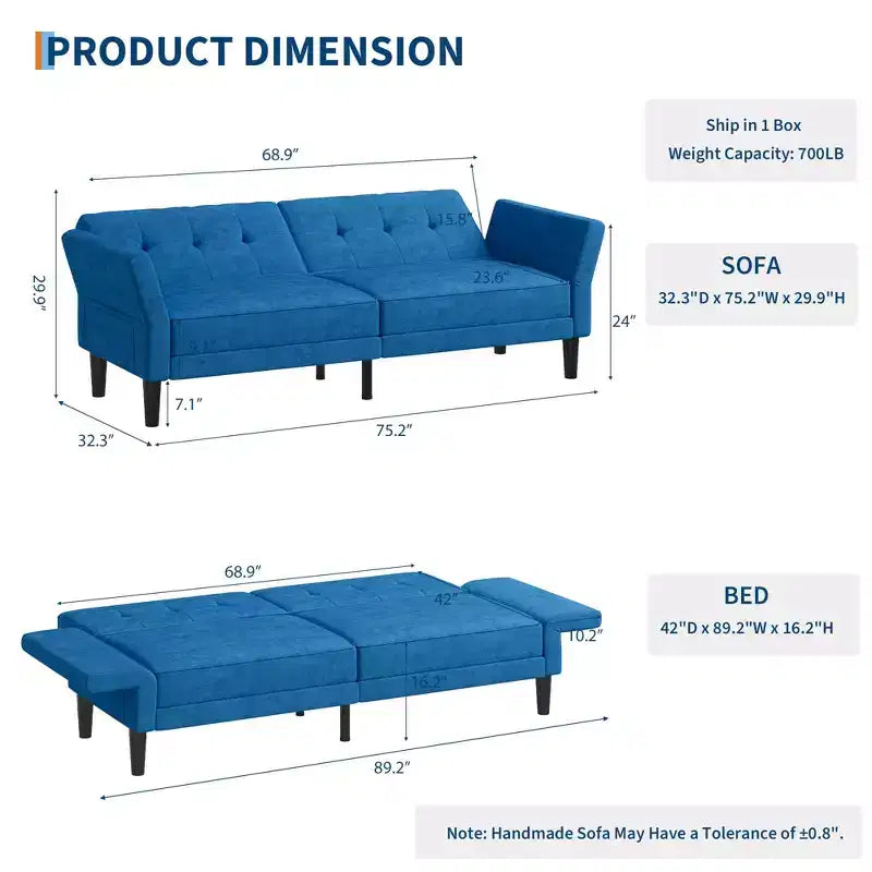 Divano letto futon a 3 posti con schienale e braccioli regolabili