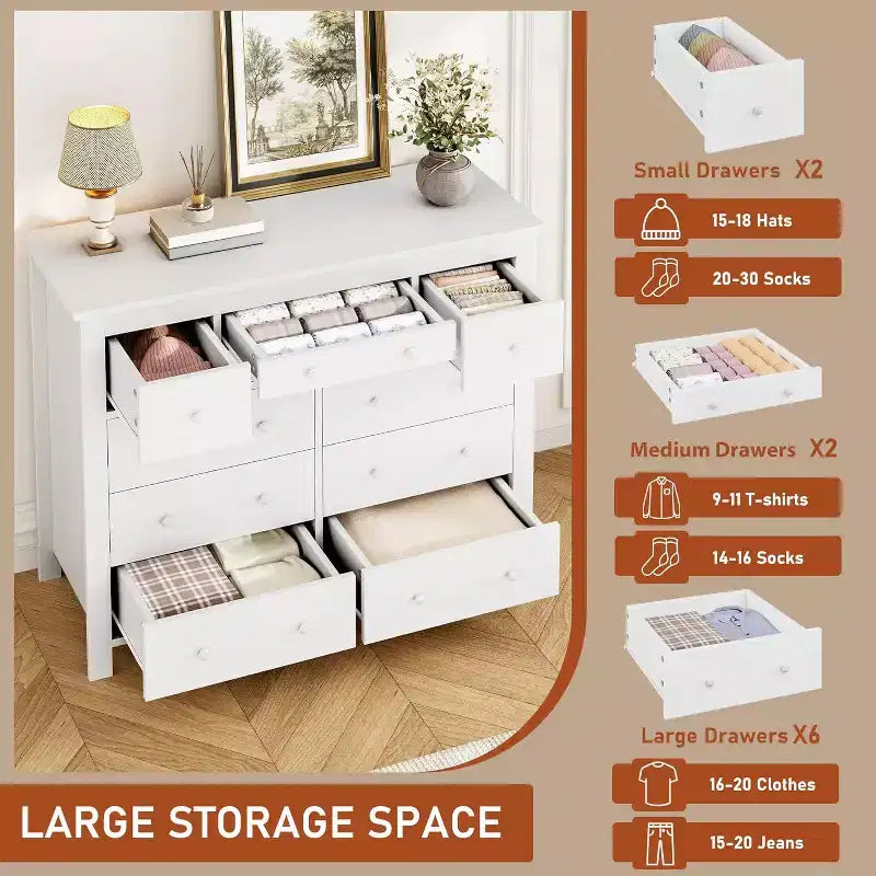 Cassettiera in legno a 10 cassetti con scomparti di varie dimensioni