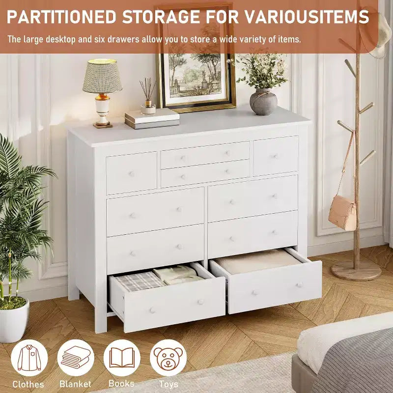Cassettiera in legno a 10 cassetti con scomparti di varie dimensioni