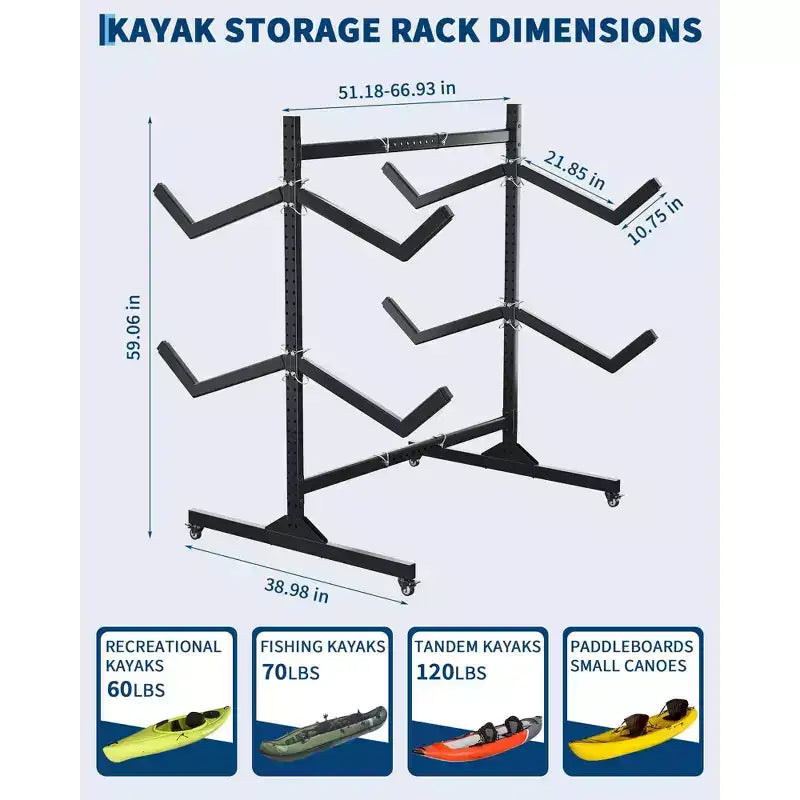 Porta Kayak Autoportante per 2 Kayak – Larghezza Regolabile, Ruote Bloccabili, Acciaio