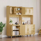 Mobile dispensa autoportante con cassetti, ante in rattan e ganci appenditutto