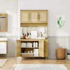 Mobile dispensa autoportante con cassetti, ante in rattan e ganci appenditutto