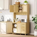 Mobile dispensa autoportante con cassetti, ante in rattan e ganci appenditutto