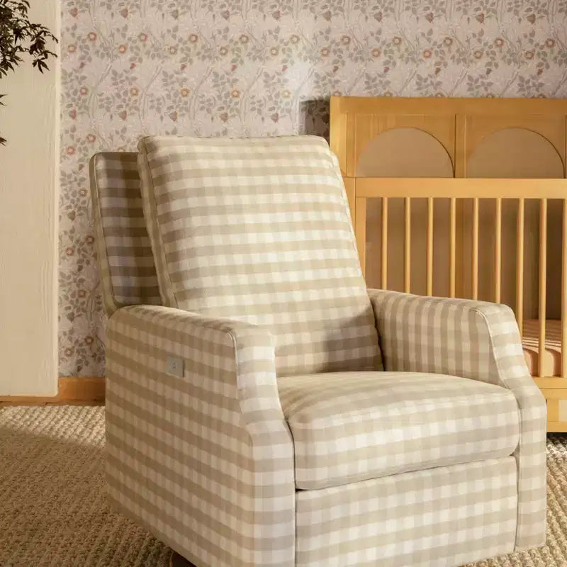 Poltrona reclinabile elettronica e sedia a dondolo girevole - Gingham Tortora con base in legno chiaro