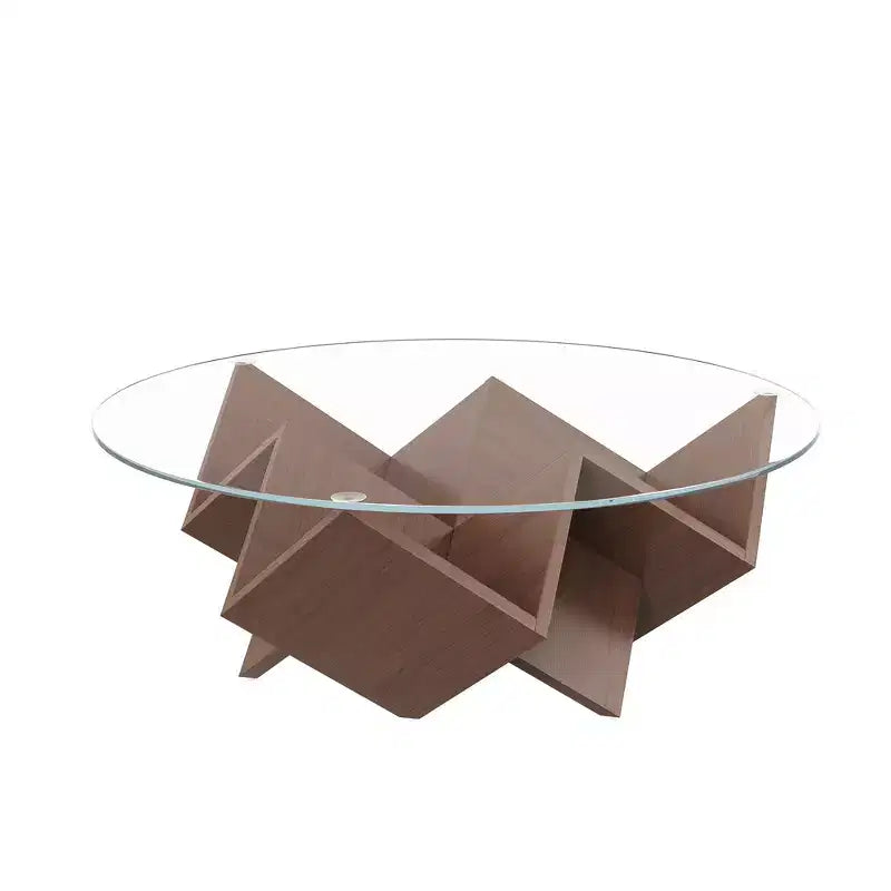Tavolino da caffè rotondo da 89,9 cm con piano in vetro temperato, base geometrica e ripiani portaoggetti