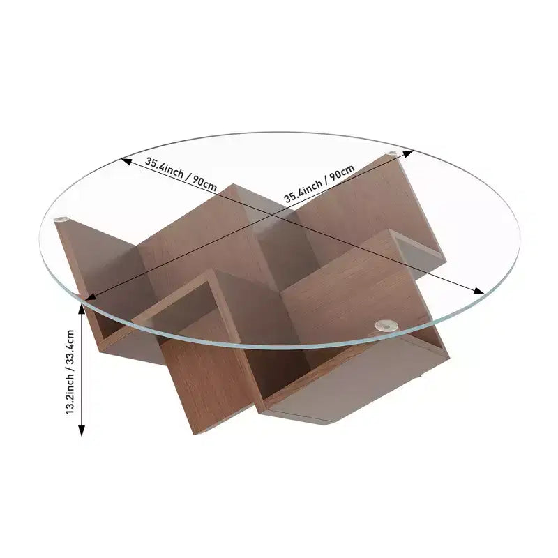 Tavolino da caffè rotondo da 89,9 cm con piano in vetro temperato, base geometrica e ripiani portaoggetti
