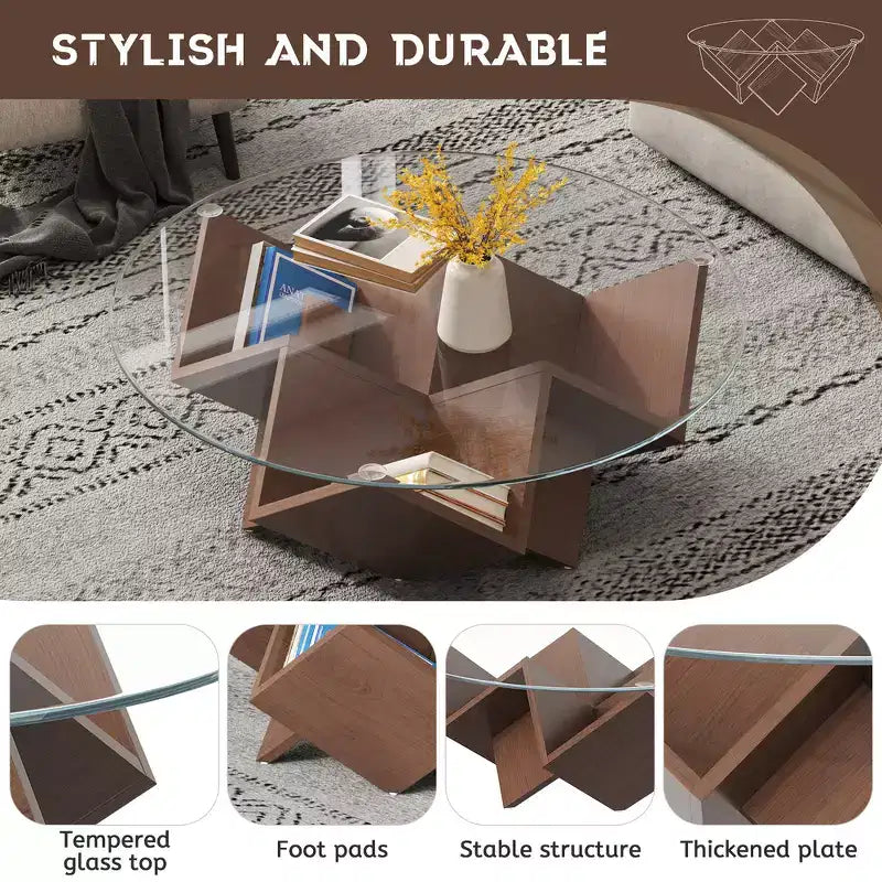 Tavolino da caffè rotondo da 89,9 cm con piano in vetro temperato, base geometrica e ripiani portaoggetti