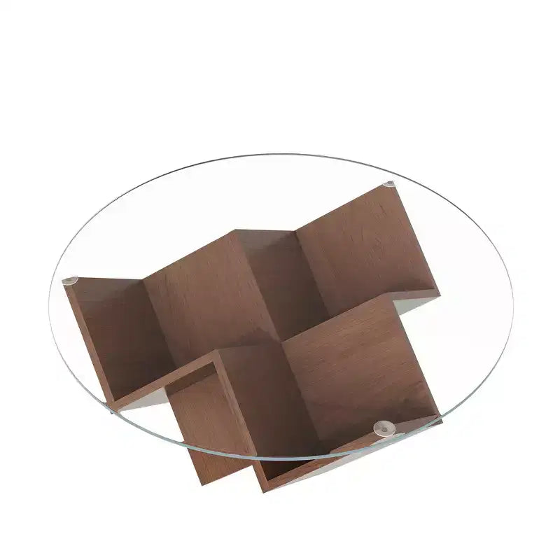 Tavolino da caffè rotondo da 89,9 cm con piano in vetro temperato, base geometrica e ripiani portaoggetti