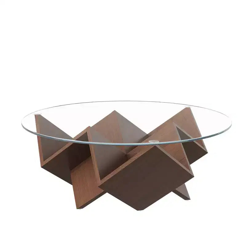 Tavolino da caffè rotondo da 89,9 cm con piano in vetro temperato, base geometrica e ripiani portaoggetti