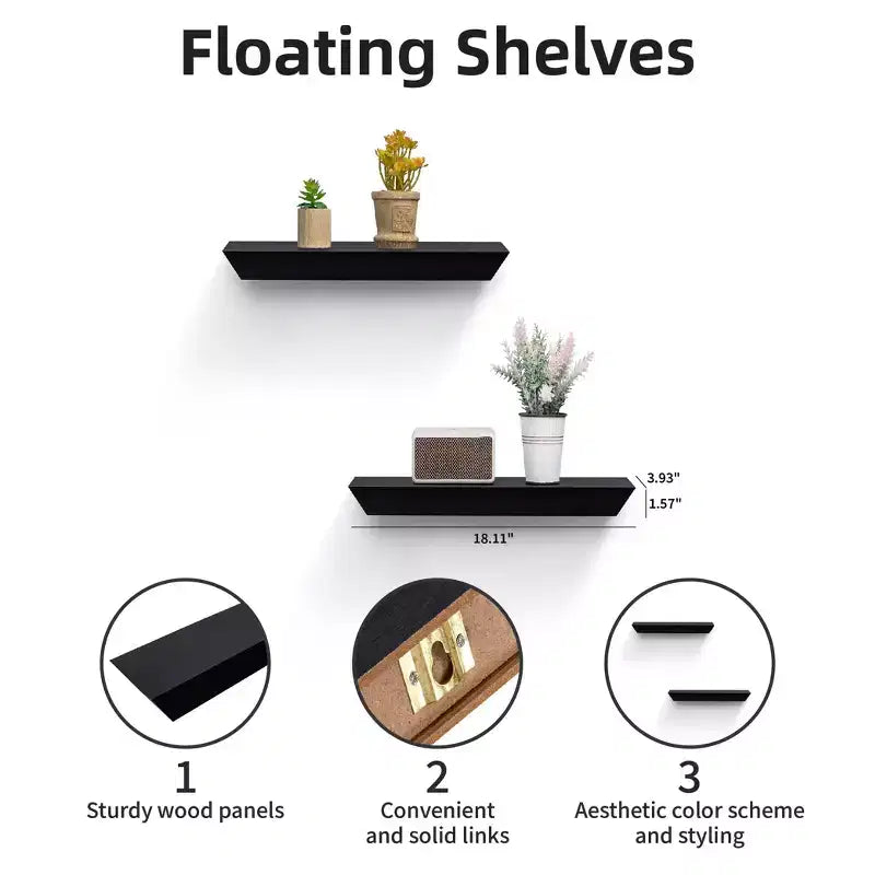 2 mensole galleggianti da parete, in legno MDF nero, per decorazione e contenimento.