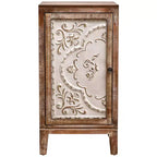 Tavolino rettangolare con pannello della porta floreale in rilievo, 42 x 35,5 x 79 cm, armadietto contenitore a un'anta, finitura naturale e crema
