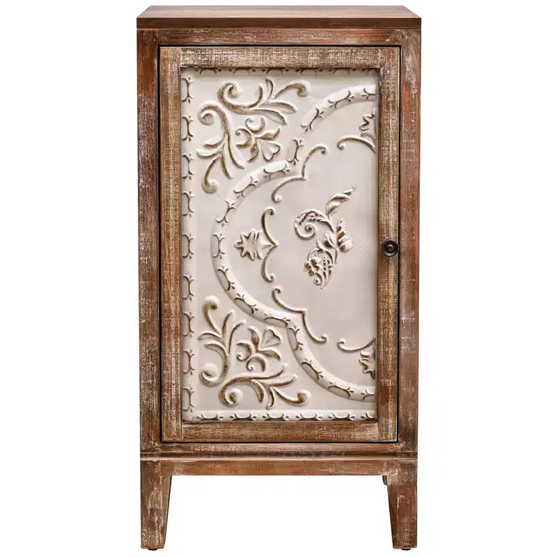 Tavolino rettangolare con pannello della porta floreale in rilievo, 42 x 35,5 x 79 cm, armadietto contenitore a un'anta, finitura naturale e crema