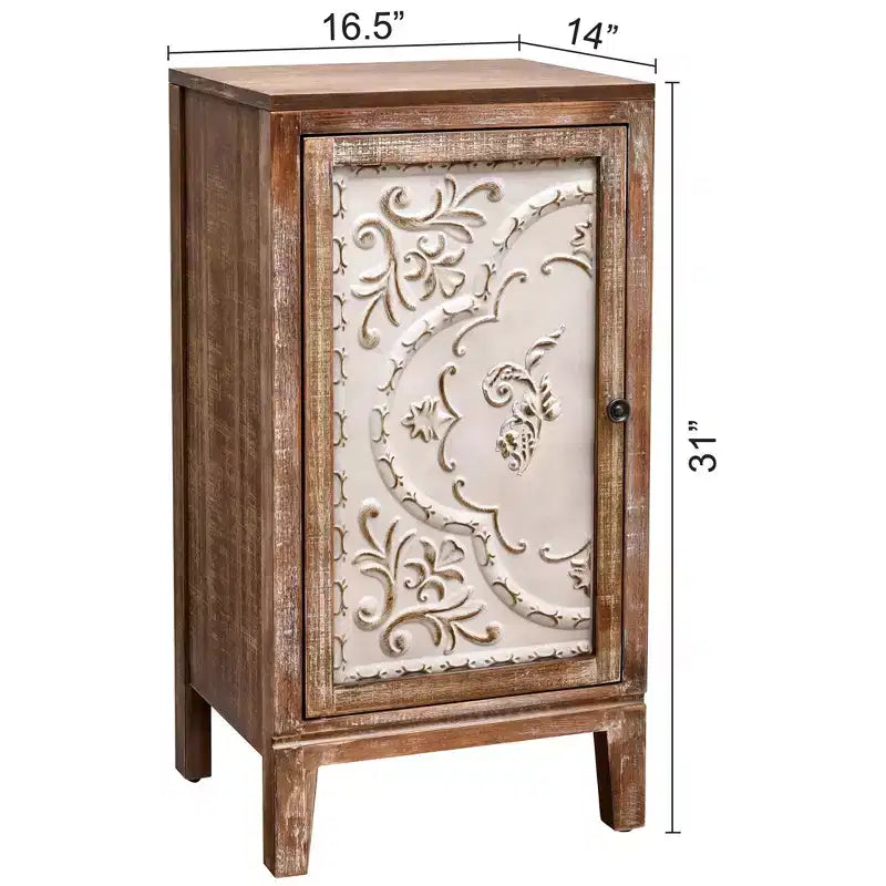 Tavolino rettangolare con pannello della porta floreale in rilievo, 42 x 35,5 x 79 cm, armadietto contenitore a un'anta, finitura naturale e crema