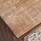 Tavolino rettangolare con pannello della porta floreale in rilievo, 42 x 35,5 x 79 cm, armadietto contenitore a un'anta, finitura naturale e crema