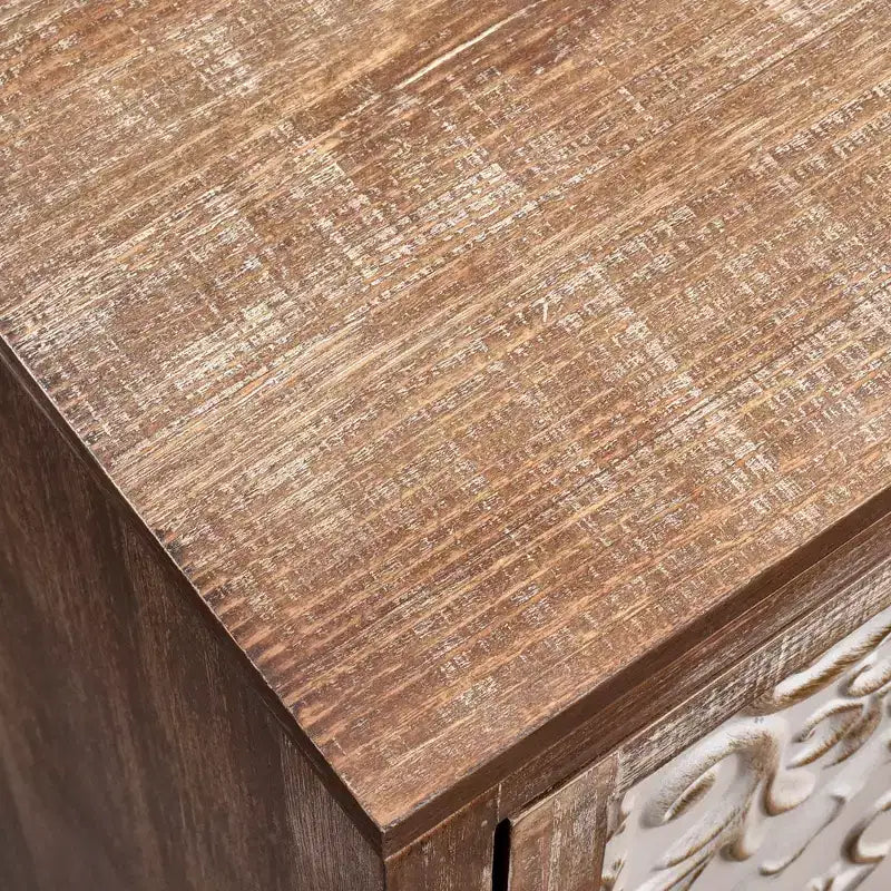 Tavolino rettangolare con pannello della porta floreale in rilievo, 42 x 35,5 x 79 cm, armadietto contenitore a un'anta, finitura naturale e crema