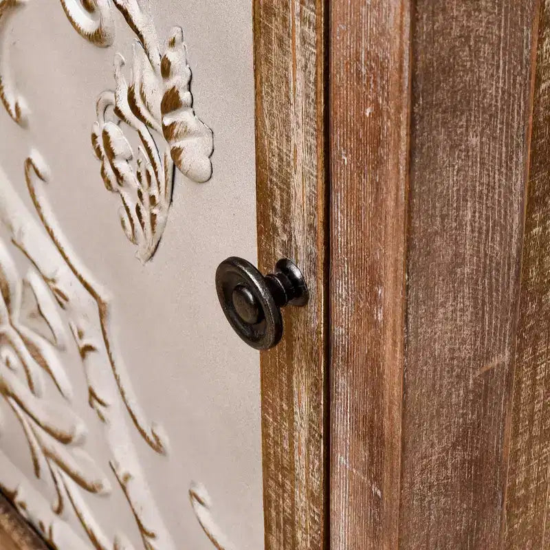 Tavolino rettangolare con pannello della porta floreale in rilievo, 42 x 35,5 x 79 cm, armadietto contenitore a un'anta, finitura naturale e crema