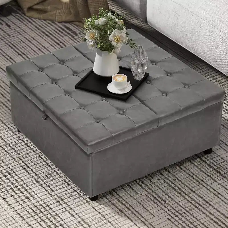 Pouf contenitore quadrato da 35,5 pollici con coperchio sollevabile, in similpelle, grigio