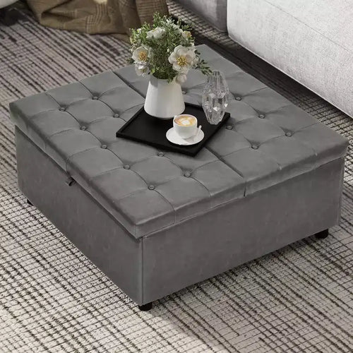 Pouf contenitore quadrato da 35,5 pollici con coperchio sollevabile, in similpelle, grigio