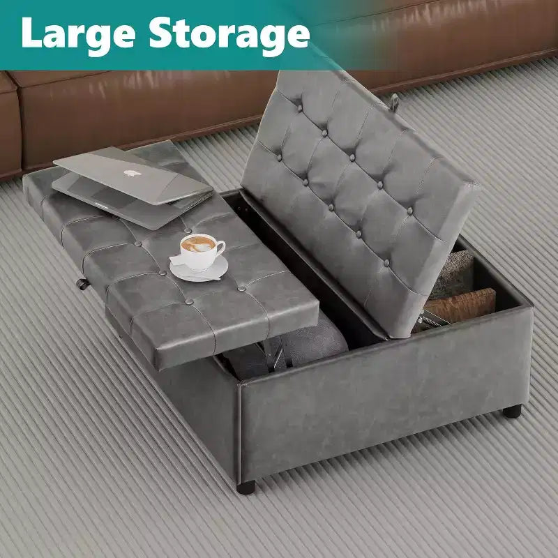 Pouf contenitore quadrato da 35,5 pollici con coperchio sollevabile, in similpelle, grigio