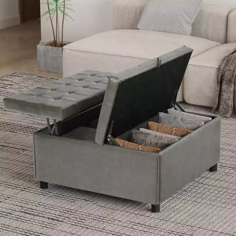 Pouf contenitore quadrato da 35,5 pollici con coperchio sollevabile, in similpelle, grigio