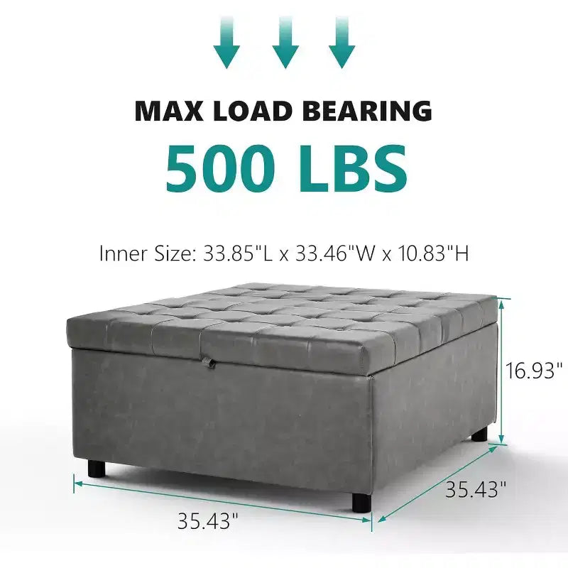 Pouf contenitore quadrato da 35,5 pollici con coperchio sollevabile, in similpelle, grigio