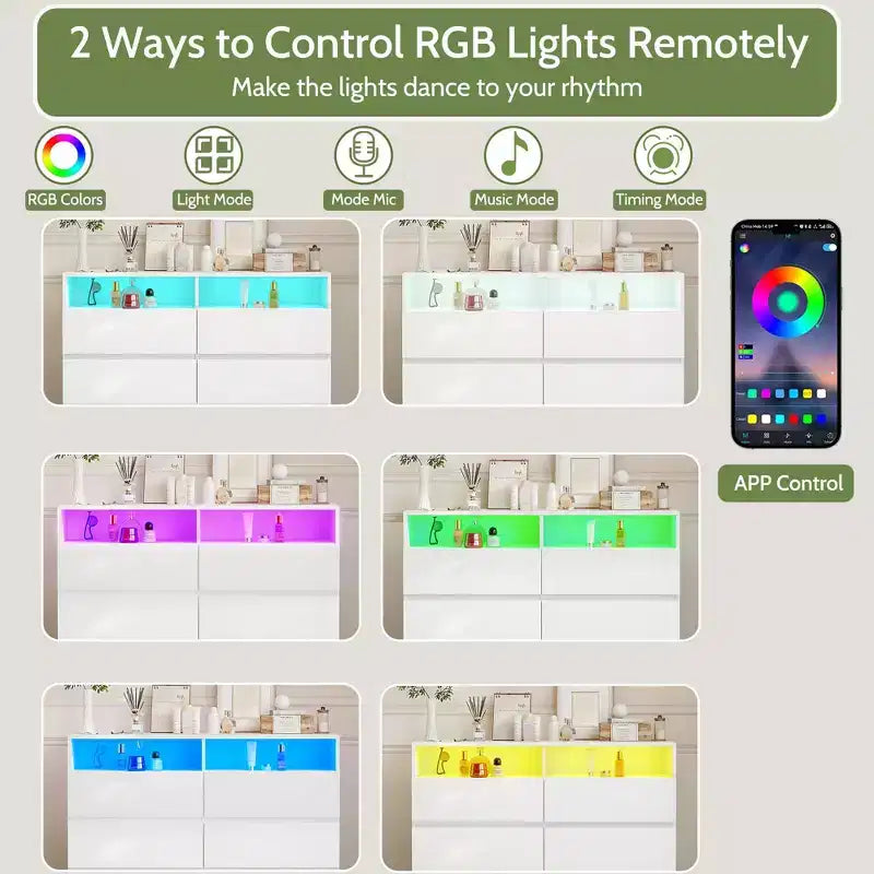 Comò a 6 cassetti con luci LED e presa di corrente