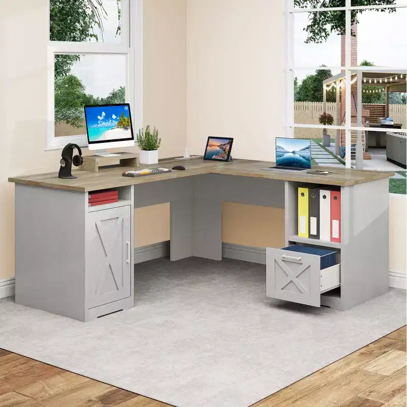 Scrivania angolare a L da 60 pollici con cassetto portadocumenti, armadietto e prese di corrente