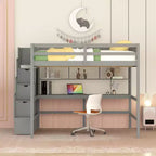 Letto a soppalco full size con scrivania integrata, mensole e scalinata – Grigio