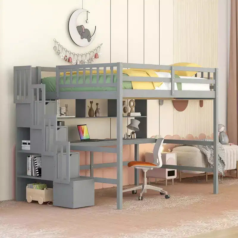 Letto a soppalco full size con scrivania integrata, mensole e scalinata – Grigio