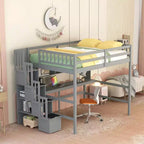 Letto a soppalco full size con scrivania integrata, mensole e scalinata – Grigio
