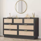 Cassettiera a 7 cassetti con pannelli frontali in rattan, larghezza 140 cm