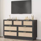 Cassettiera a 7 cassetti con pannelli frontali in rattan, larghezza 140 cm