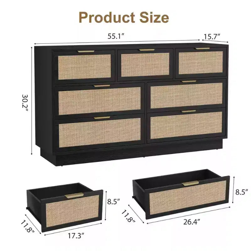 Cassettiera a 7 cassetti con pannelli frontali in rattan, larghezza 140 cm