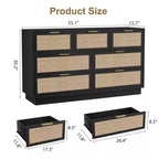 Cassettiera a 7 cassetti con pannelli frontali in rattan, larghezza 140 cm