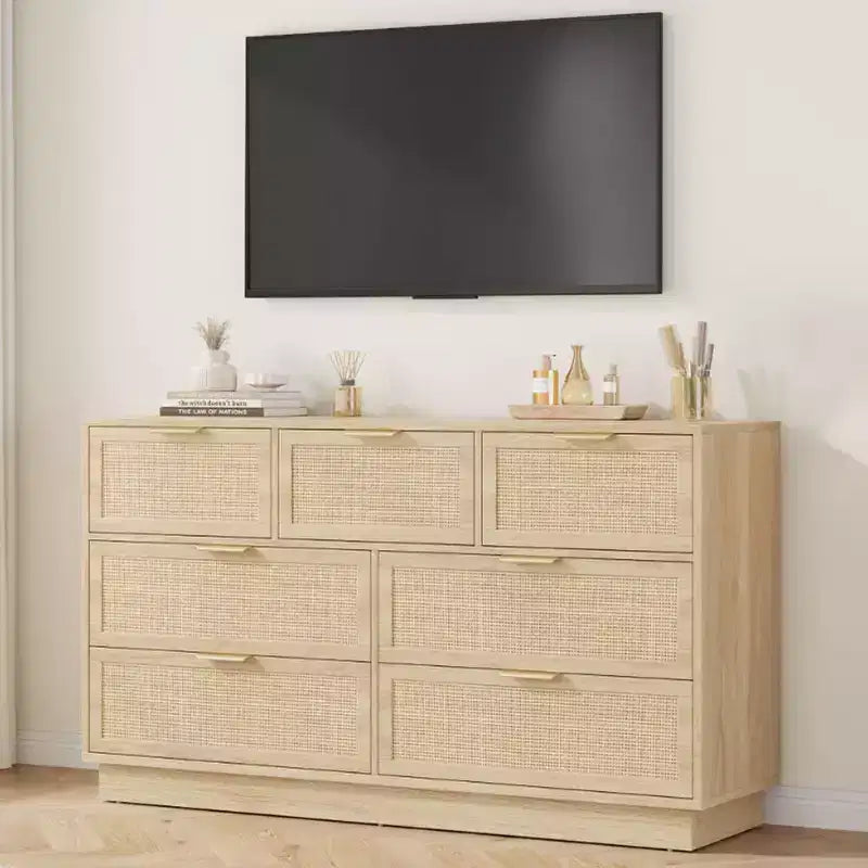 Cassettiera a 7 cassetti con pannelli frontali in rattan, larghezza 140 cm