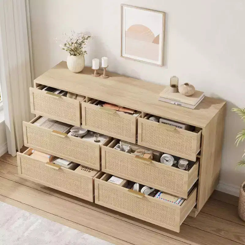 Cassettiera a 7 cassetti con pannelli frontali in rattan, larghezza 140 cm