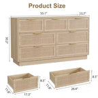 Cassettiera a 7 cassetti con pannelli frontali in rattan, larghezza 140 cm