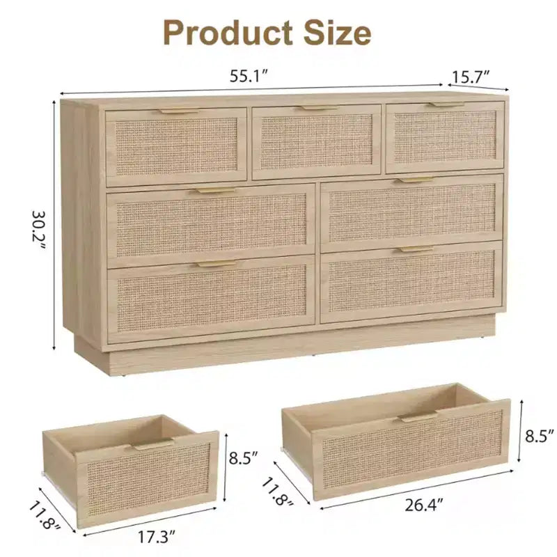 Cassettiera a 7 cassetti con pannelli frontali in rattan, larghezza 140 cm