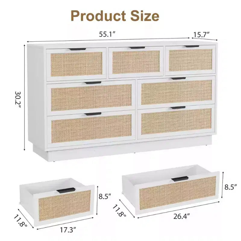 Cassettiera a 7 cassetti con pannelli frontali in rattan, larghezza 140 cm