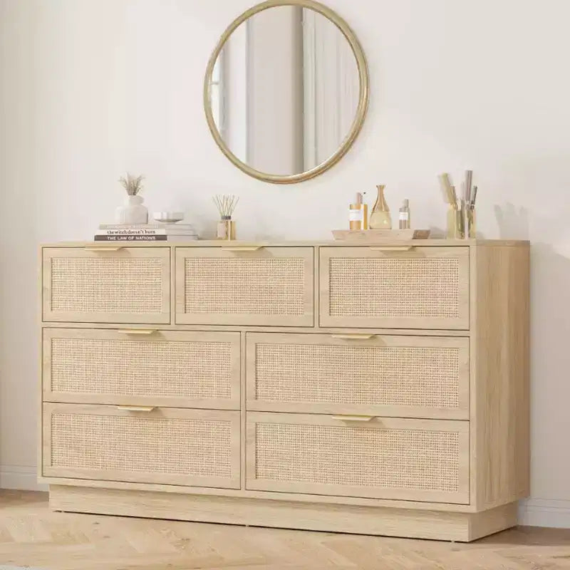 Cassettiera a 7 cassetti con pannelli frontali in rattan, larghezza 140 cm