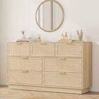 Cassettiera a 7 cassetti con pannelli frontali in rattan, larghezza 140 cm