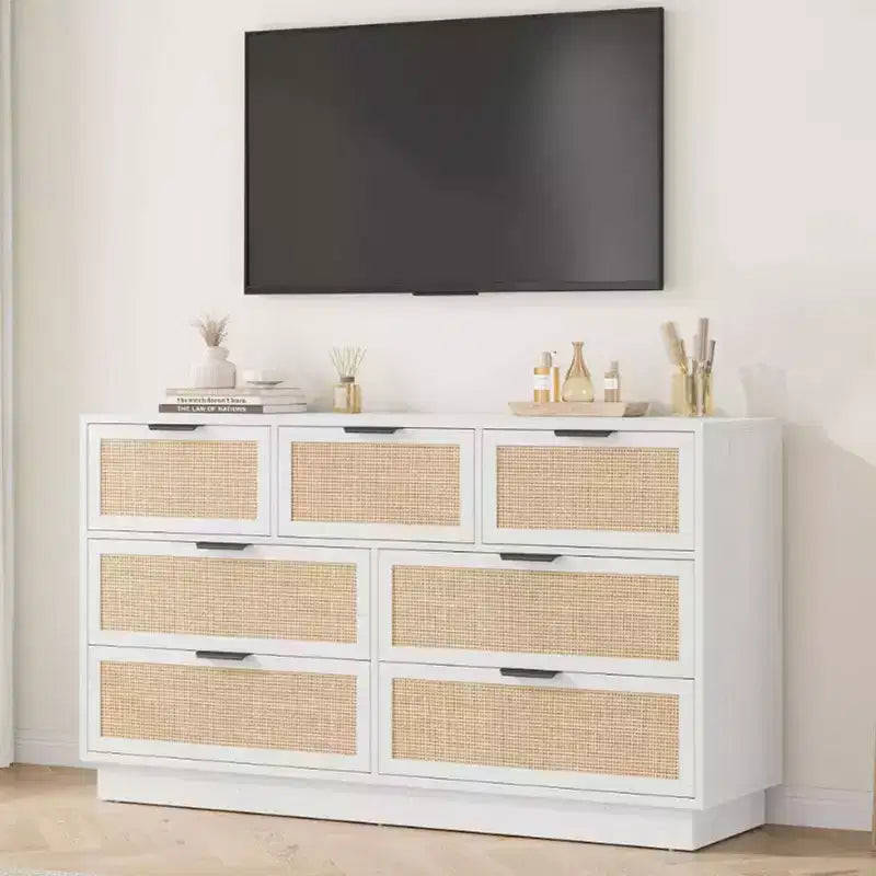 Cassettiera a 7 cassetti con pannelli frontali in rattan, larghezza 140 cm