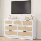 Cassettiera a 7 cassetti con pannelli frontali in rattan, larghezza 140 cm