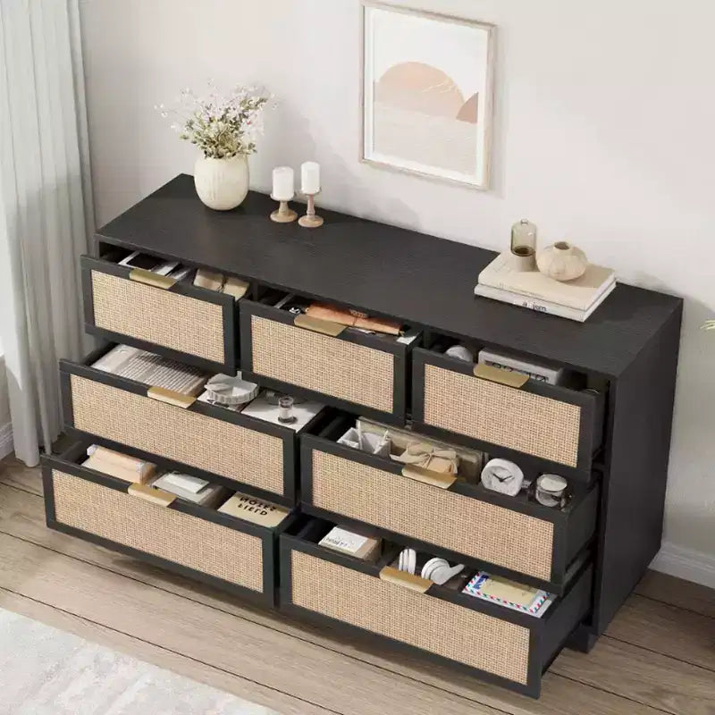 Cassettiera a 7 cassetti con pannelli frontali in rattan, larghezza 140 cm