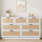 Rattan 7 Drawer Dresser, 55in Wide 7 Chest of Drawers with Metal Handles and Wooden Sturdy Base for Bedroom Living Room Nursery
